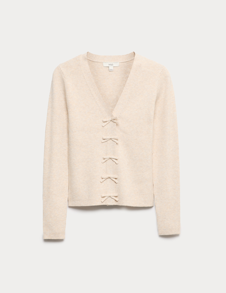 Ribbed V-Neck Bow Detail Cardigan