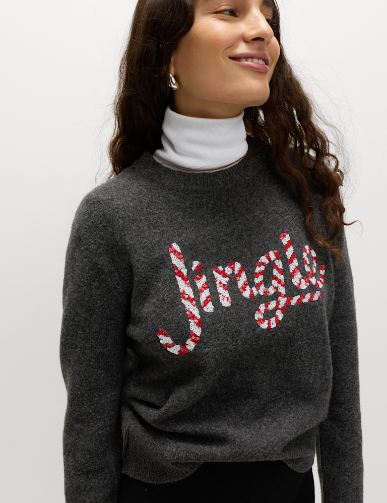 Embellished Slogan Crew Neck Jumper with Wool