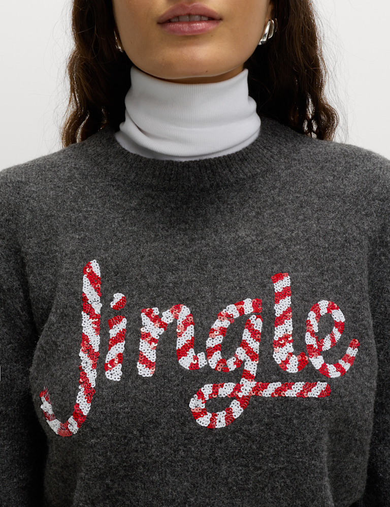 Embellished Slogan Crew Neck Jumper with Wool