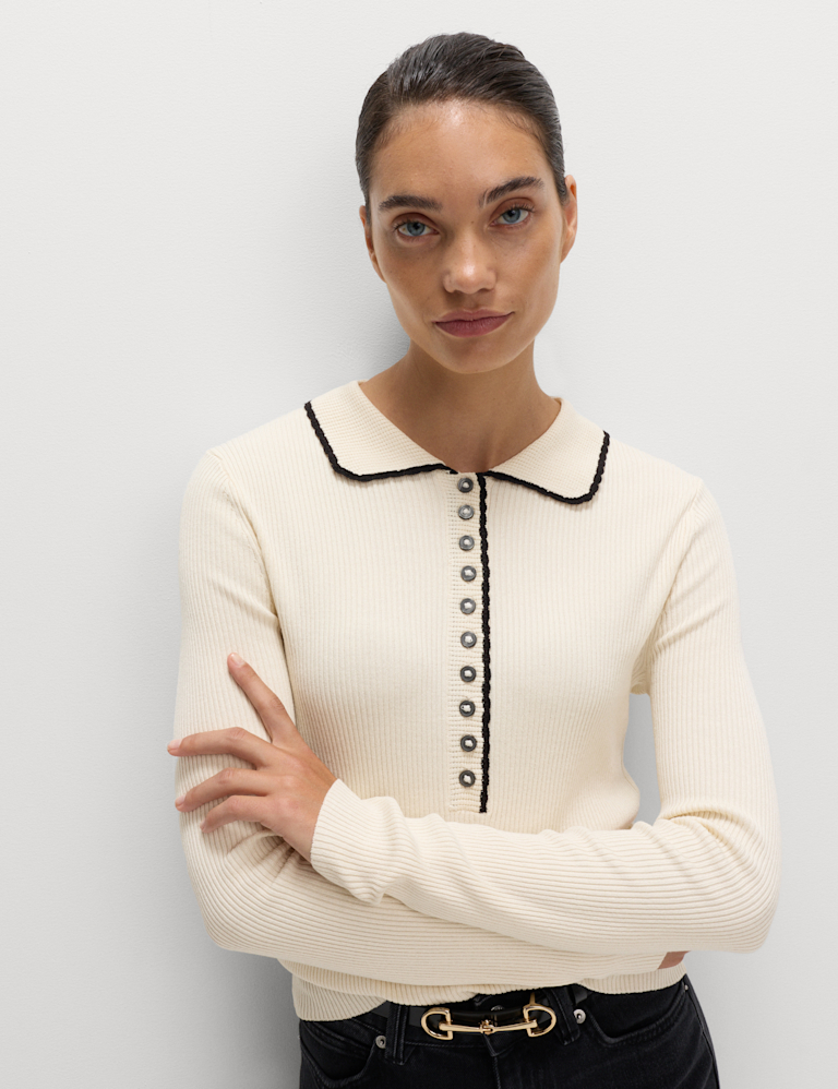 Ribbed Collared Button Detail Knitted Top
