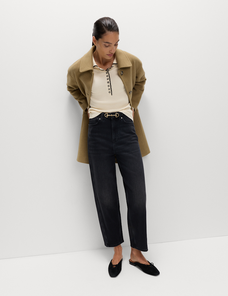 Ribbed Collared Button Detail Knitted Top