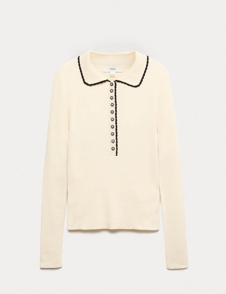 Ribbed Collared Button Detail Knitted Top