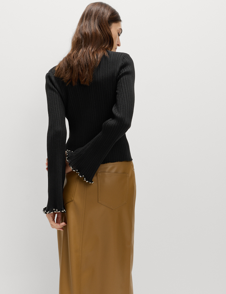 Cotton Blend Ribbed Slash Neck Fitted Cropped Knitted Top