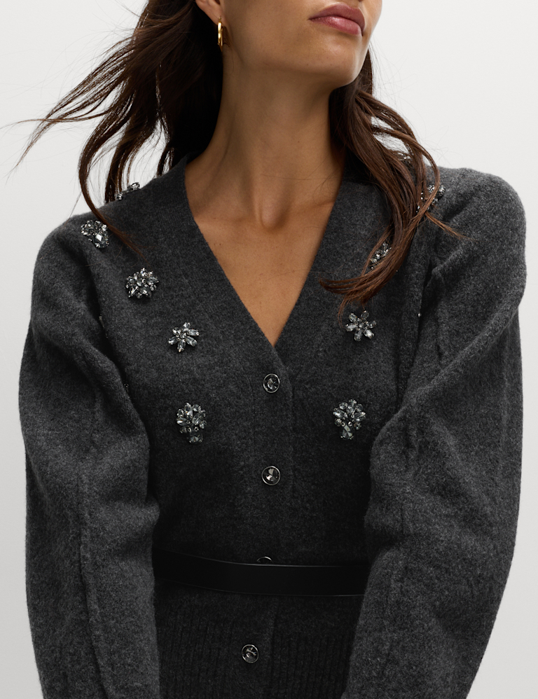 Embellished V-Neck Cardigan with Wool Embellished V-Neck Cardigan with Wool
