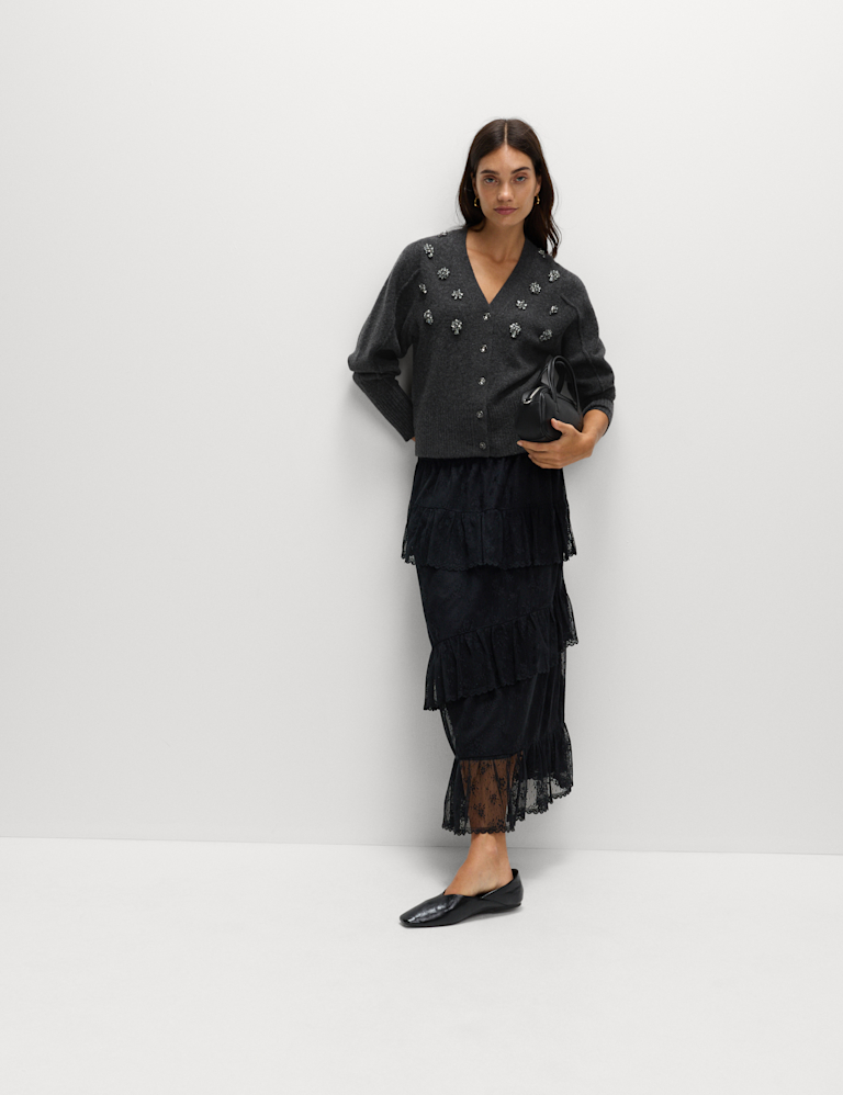 Embellished V-Neck Cardigan with Wool