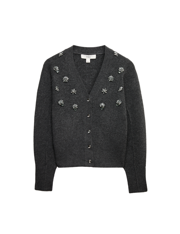 Embellished V-Neck Cardigan with Wool
