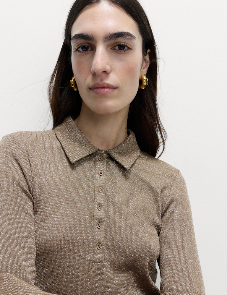 Sparkly Collared Button Detail Long Sleeve Top