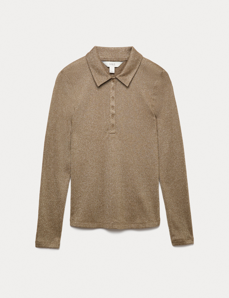 Sparkly Collared Button Detail Long Sleeve Top