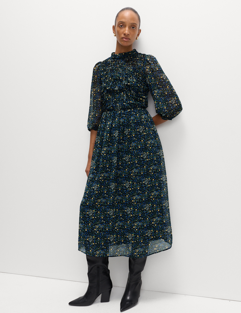 Ditsy Floral Ruched Midaxi Waisted Dress