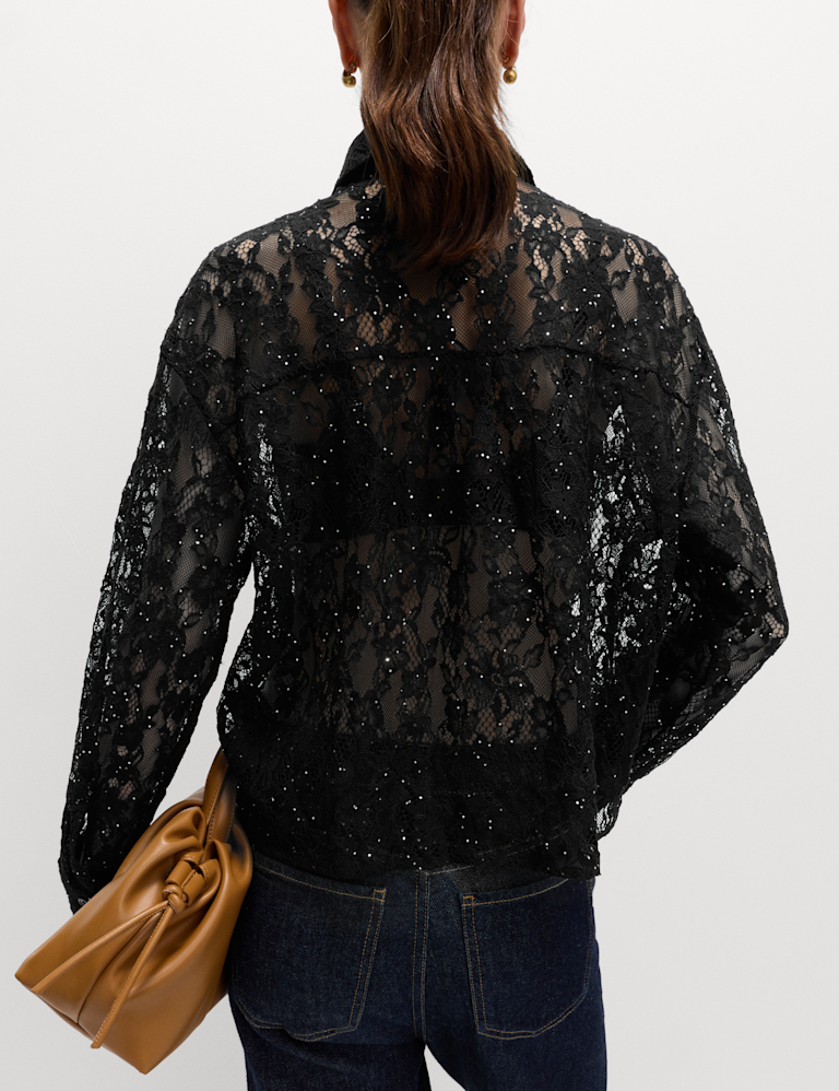 Lace Embellished Detail Collared Shirt