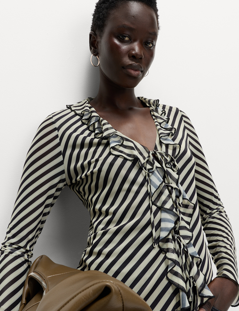 Striped V-Neck Frill Detail Top