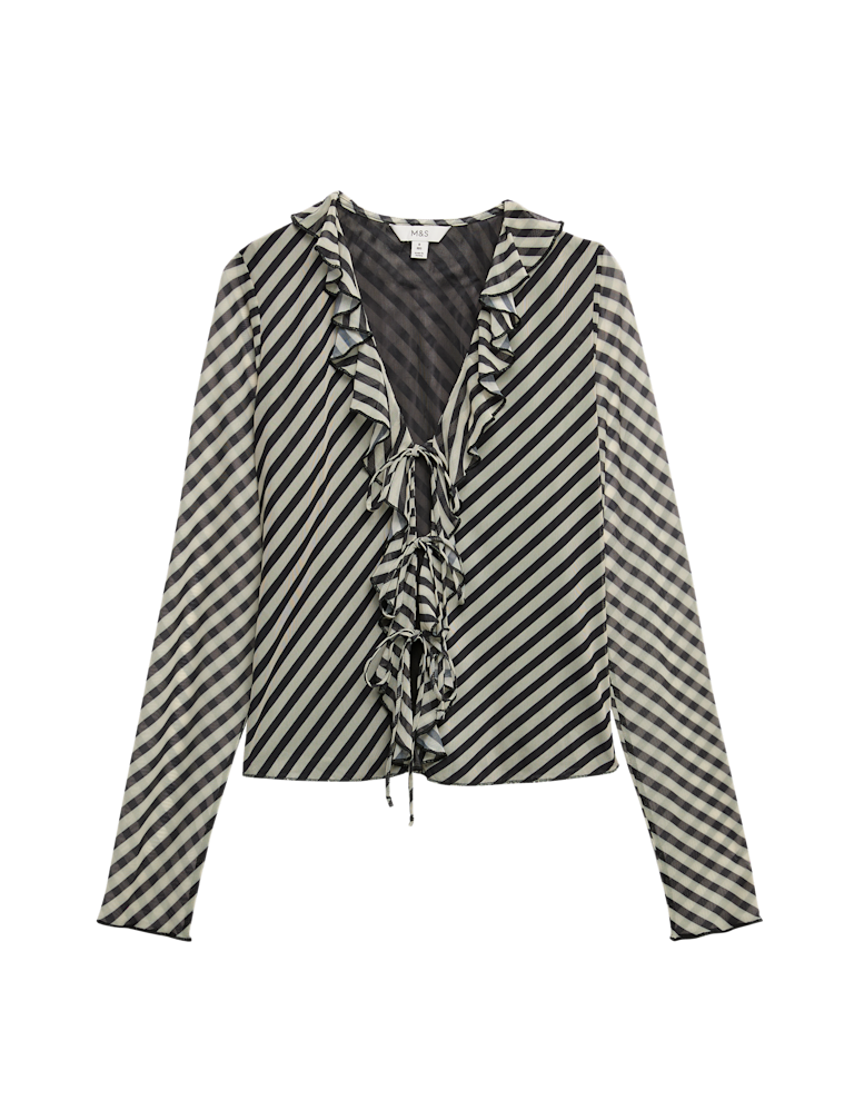 Striped V-Neck Frill Detail Top