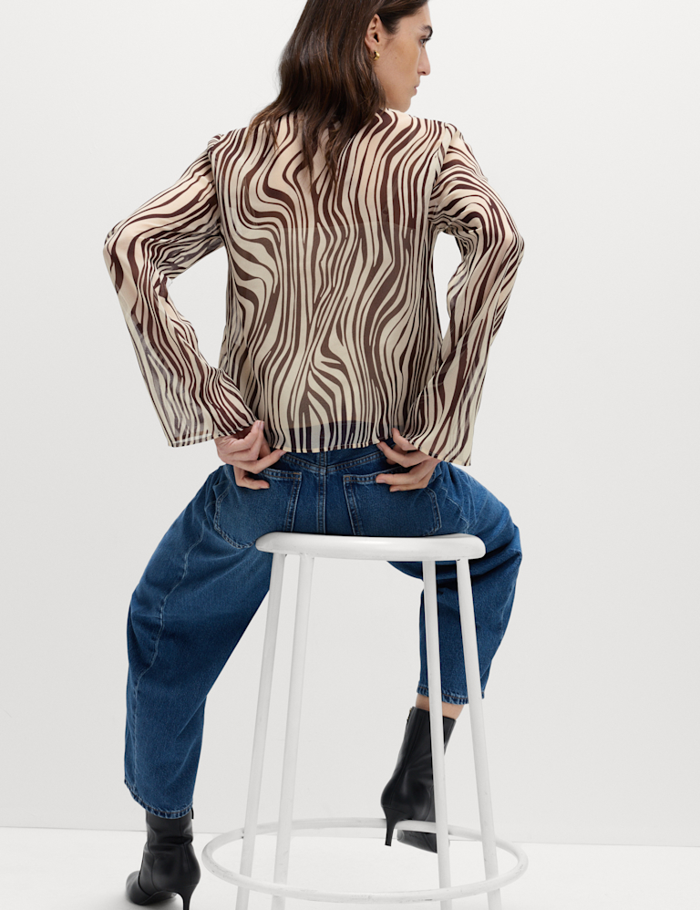 Zebra Print Tie Front Flute Sleeve Blouse