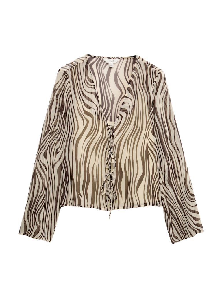 Zebra Print Tie Front Flute Sleeve Blouse