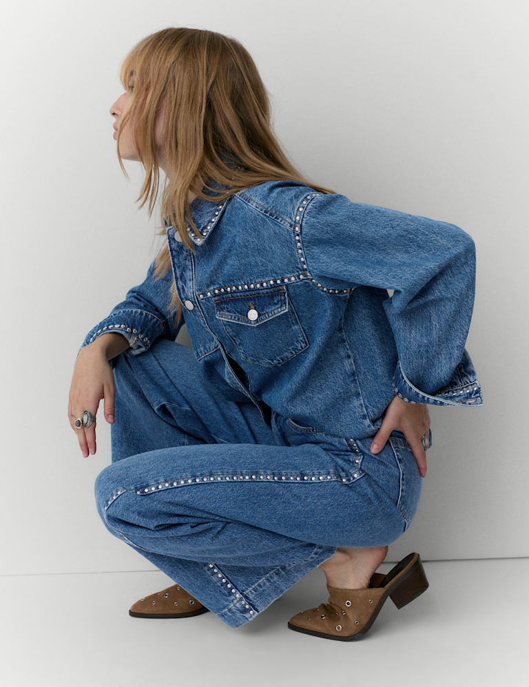 Denim Embellished Studded Wide Leg Jeans