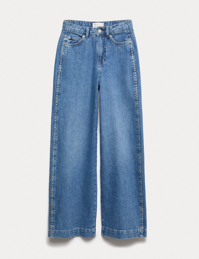 Denim Embellished Studded Wide Leg Jeans