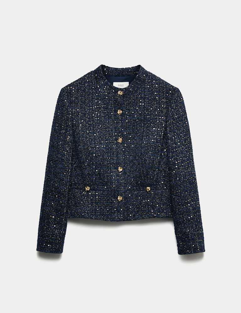 Tweed Sparkly Collarless Blazer with Wool