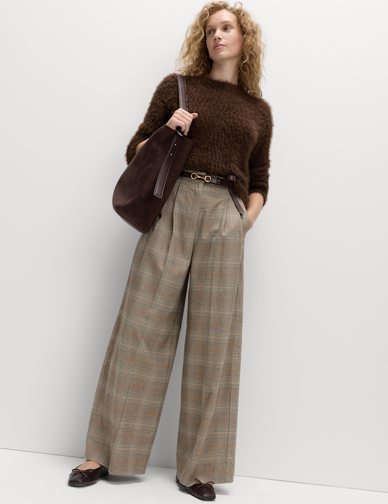 Checked Side Tab Back Pleated Trousers