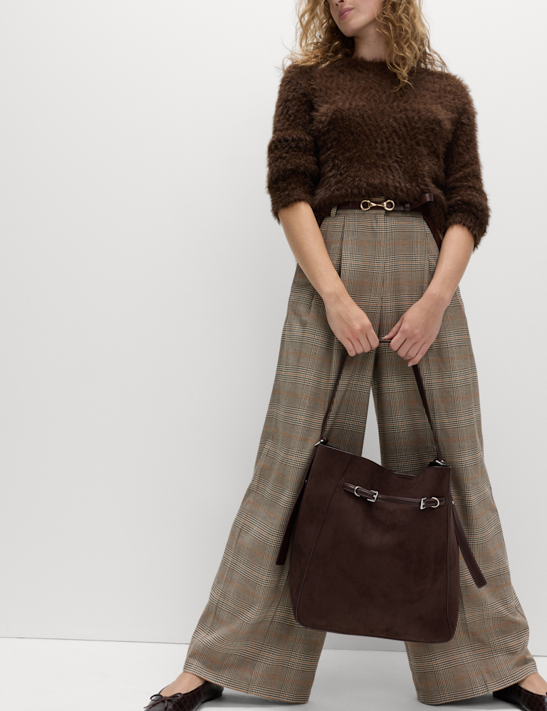 Checked Side Tab Back Pleated Trousers