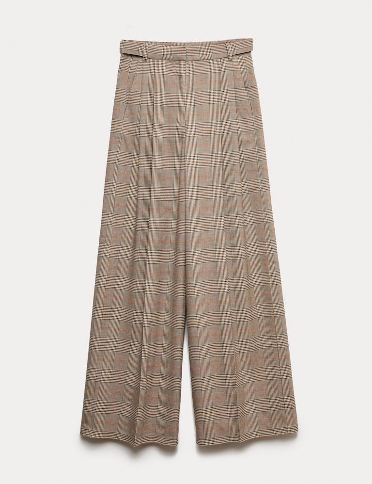 Checked Side Tab Back Pleated Trousers