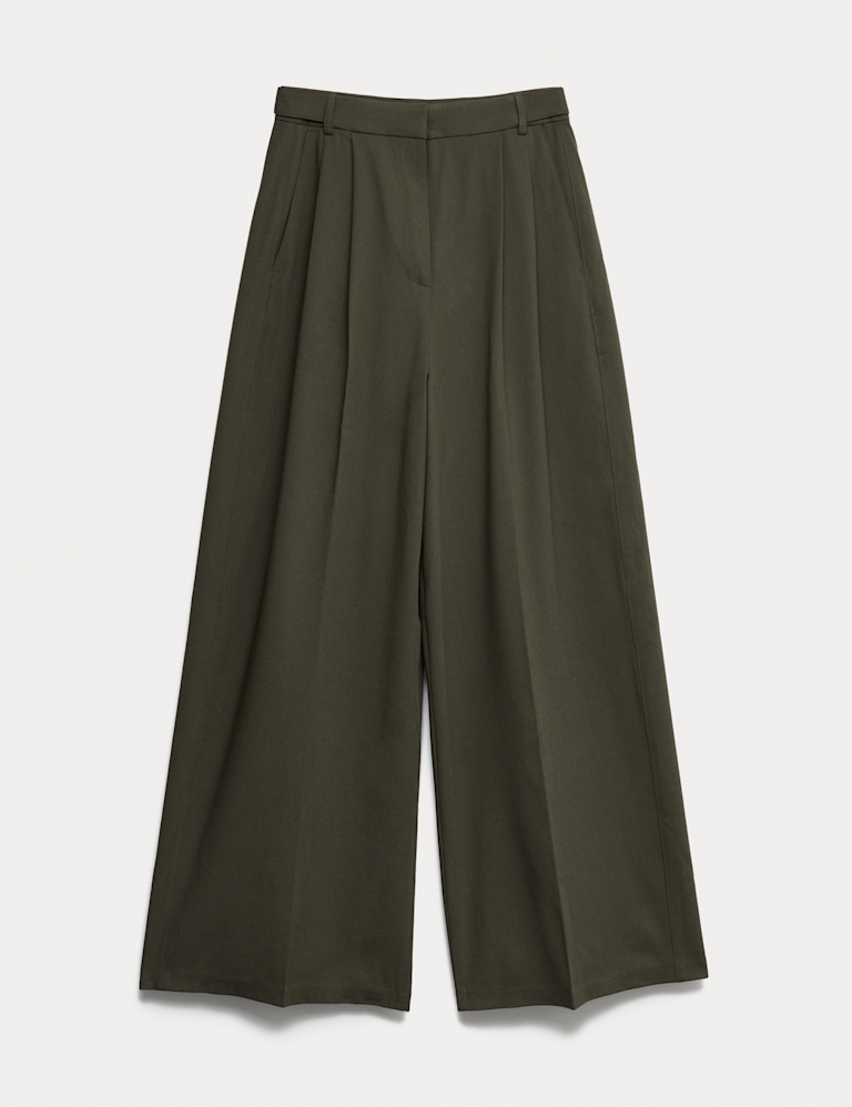 Pleat Front Wide Leg Trousers with Wool