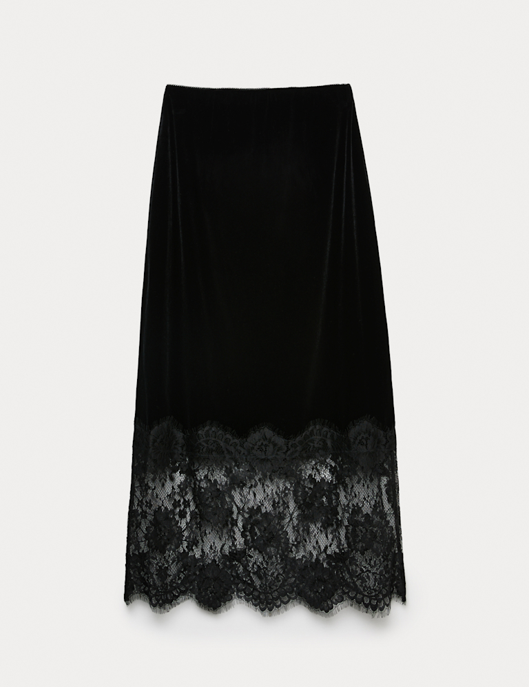 Velvet Lace Detail Midi Pencil Skirt