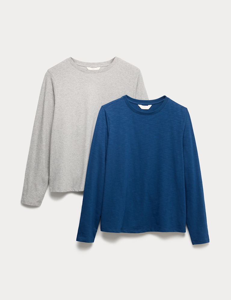 2pk Pure Cotton Slub Long Sleeve Pyjama Tops