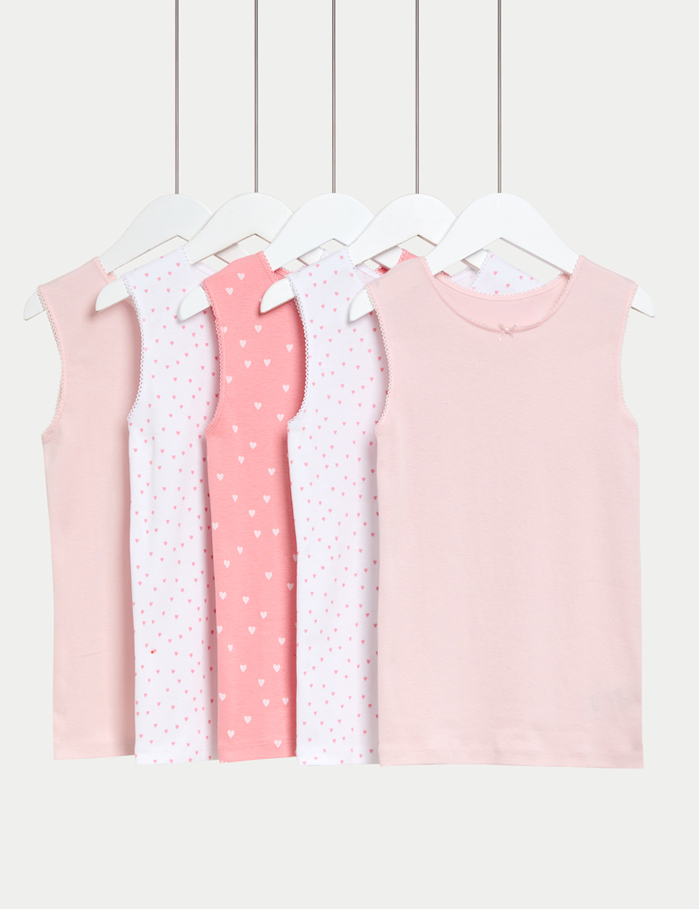 5pk Pure Cotton Heart Print Vests (2-14 Yrs)