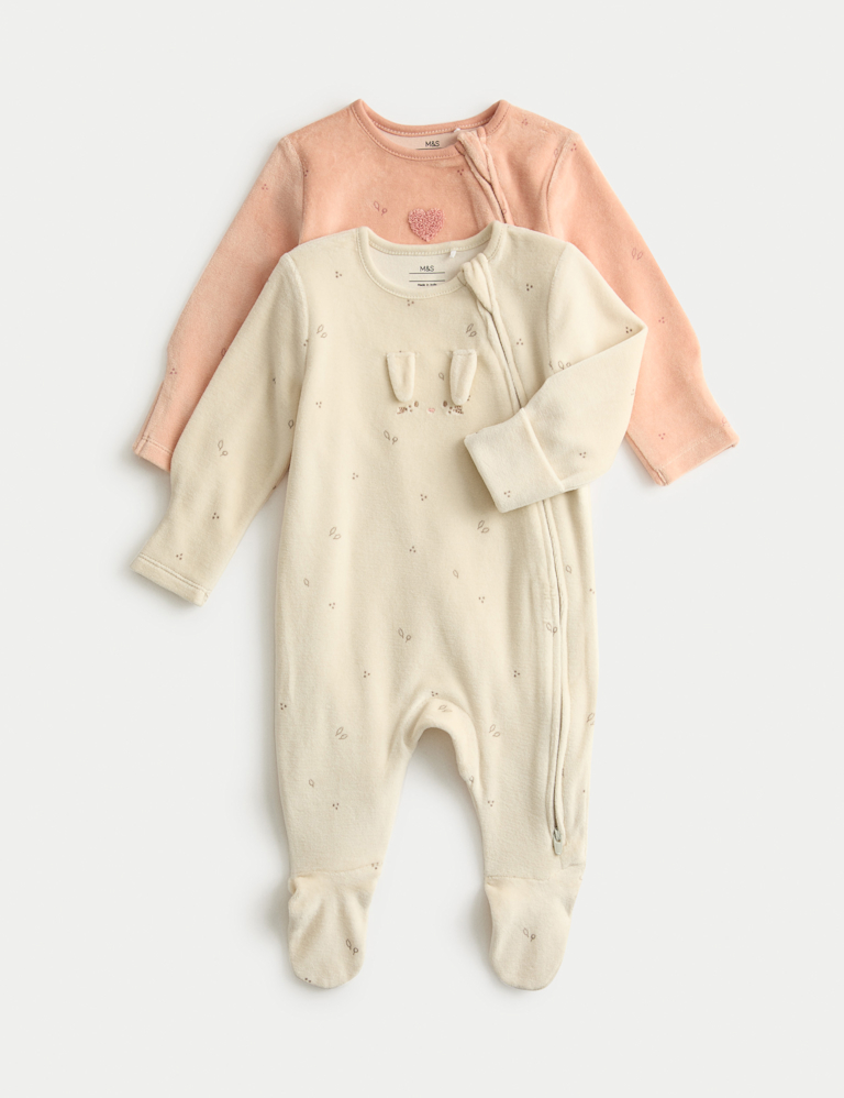 2pk Cotton Rich Velour Bunny Sleepsuits (0-3 Yrs)