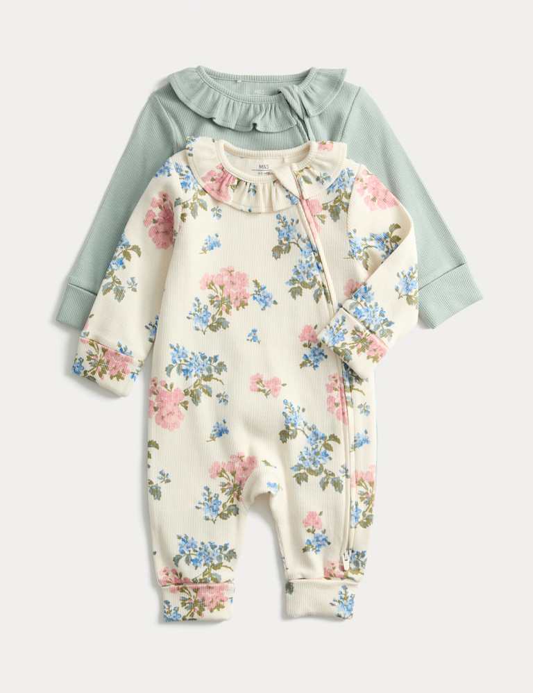 2pk Floral Frill Collar Zip Sleepsuits (0-3 Yrs)