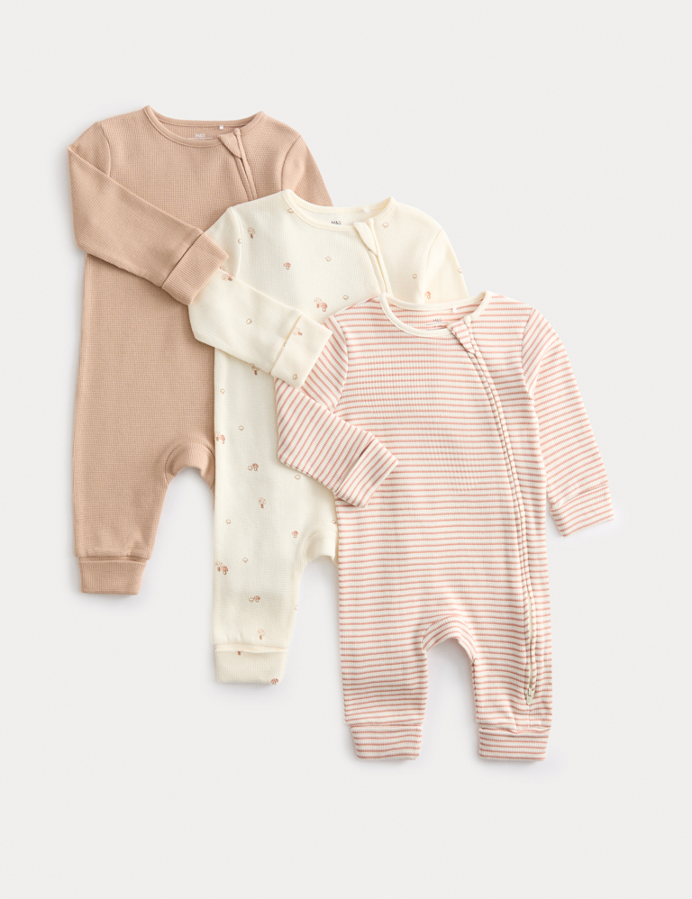 3pk Pure Cotton Acorn Print Zip Sleepsuits (6½lbs-3 Yrs)