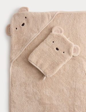 2pc Pure Cotton Bear Hooded Towel & Wash Mitt
