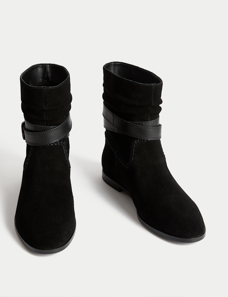 Suede Ruched Flat Ankle Boots