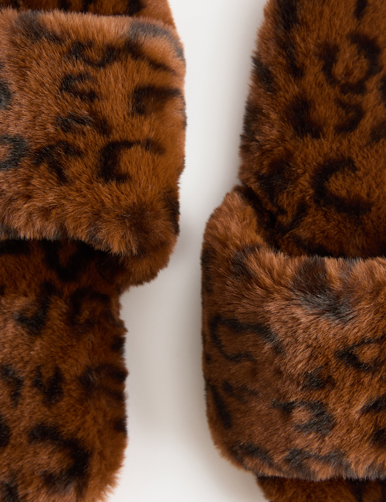 Faux Fur Leopard Print Open Toe Mule Slippers