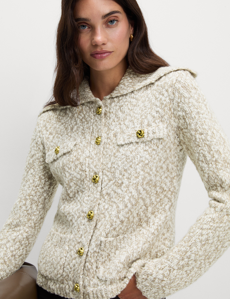 Collared Button Front Pocket Detail Cardigan With Wool
