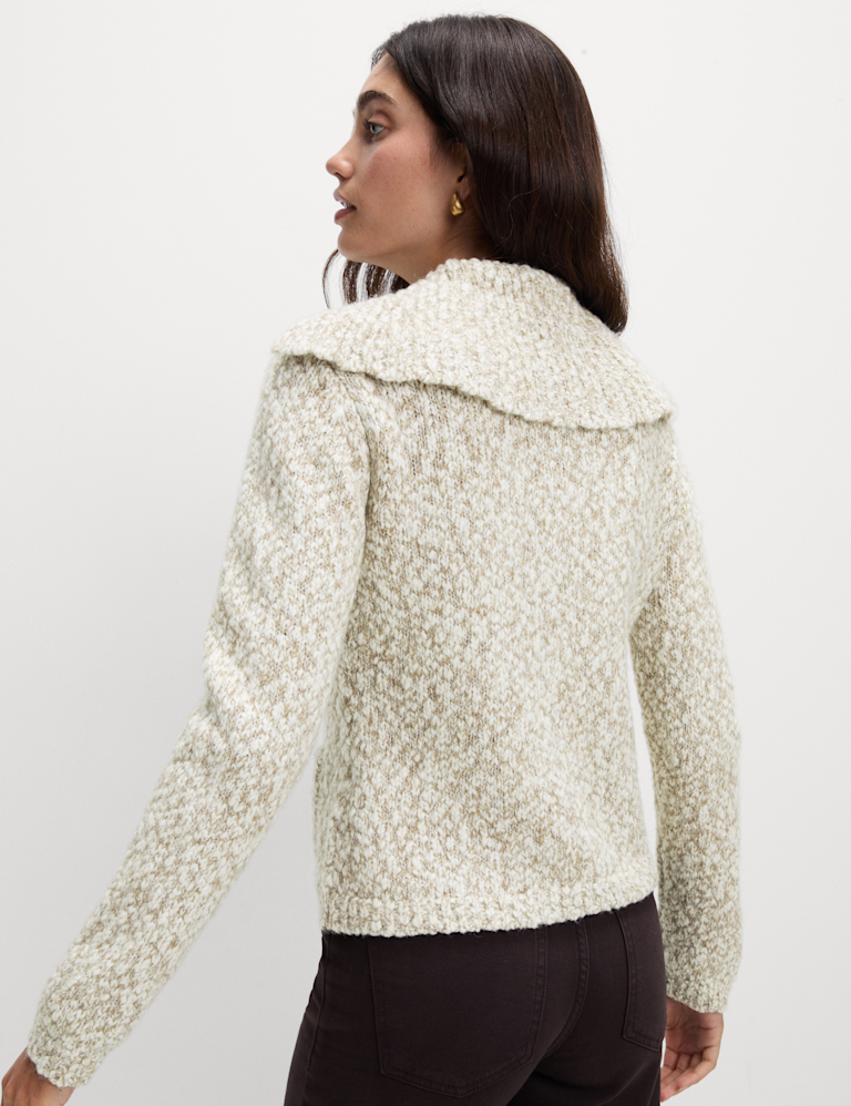 Collared Button Front Pocket Detail Cardigan With Wool