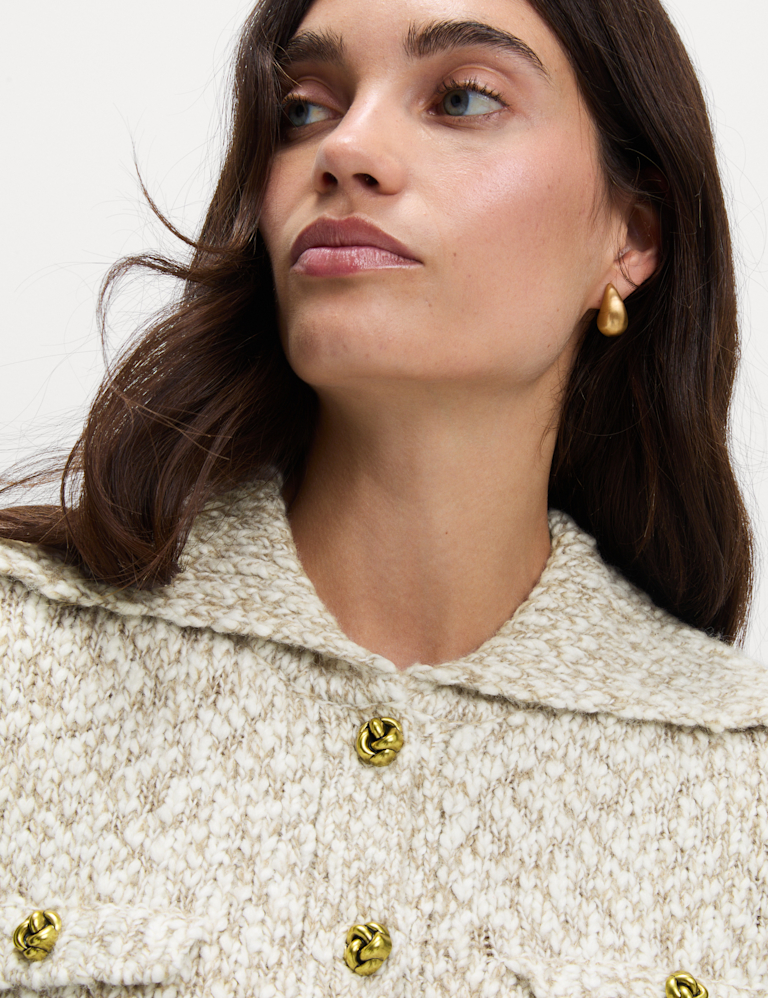 Collared Button Front Pocket Detail Cardigan With Wool