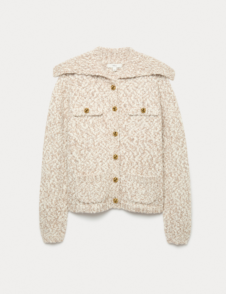 Collared Button Front Pocket Detail Cardigan With Wool