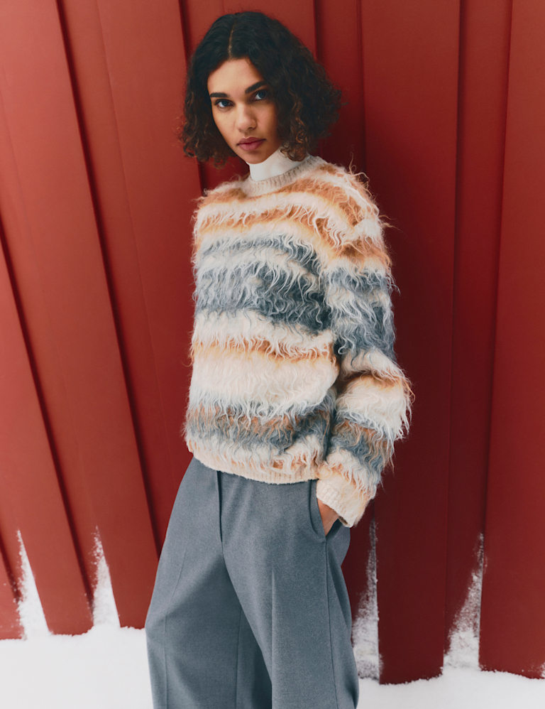 Striped Crew Neck Relaxed Jumper with Wool