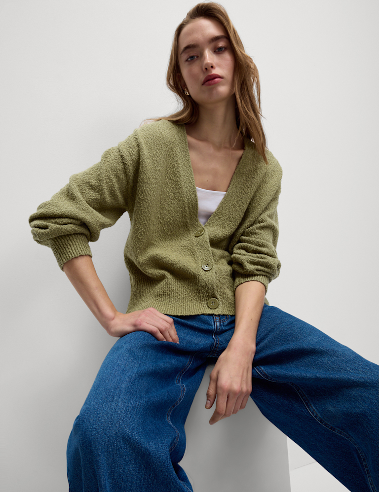 Cotton Rich Textured V-Neck Relaxed Cardigan