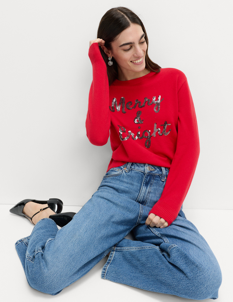 Air-Yarn Sequin Slogan Crew Neck Jumper