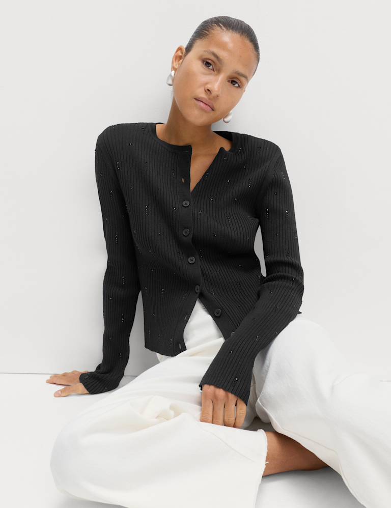 Embellished Crew Neck Fitted Cardigan