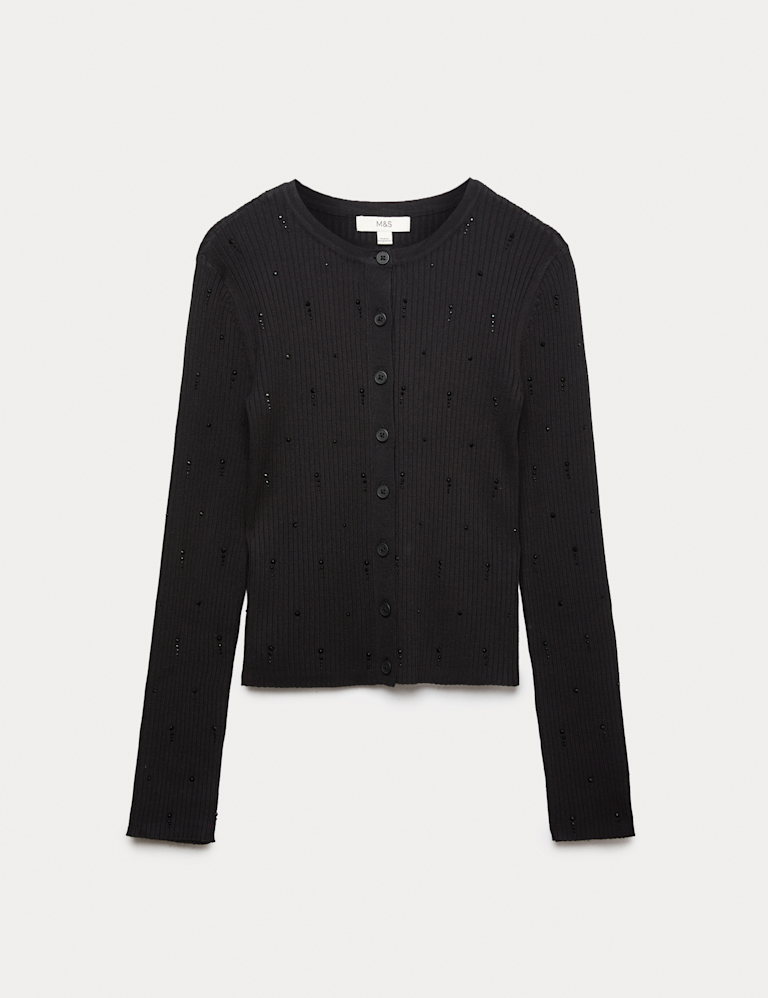 Embellished Crew Neck Fitted Cardigan