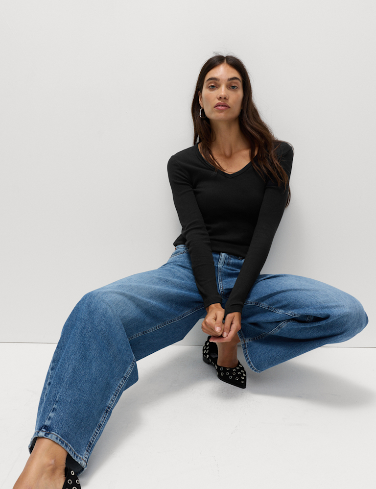 Cotton Rich Ribbed Plain V-Neck Slim Fit Top