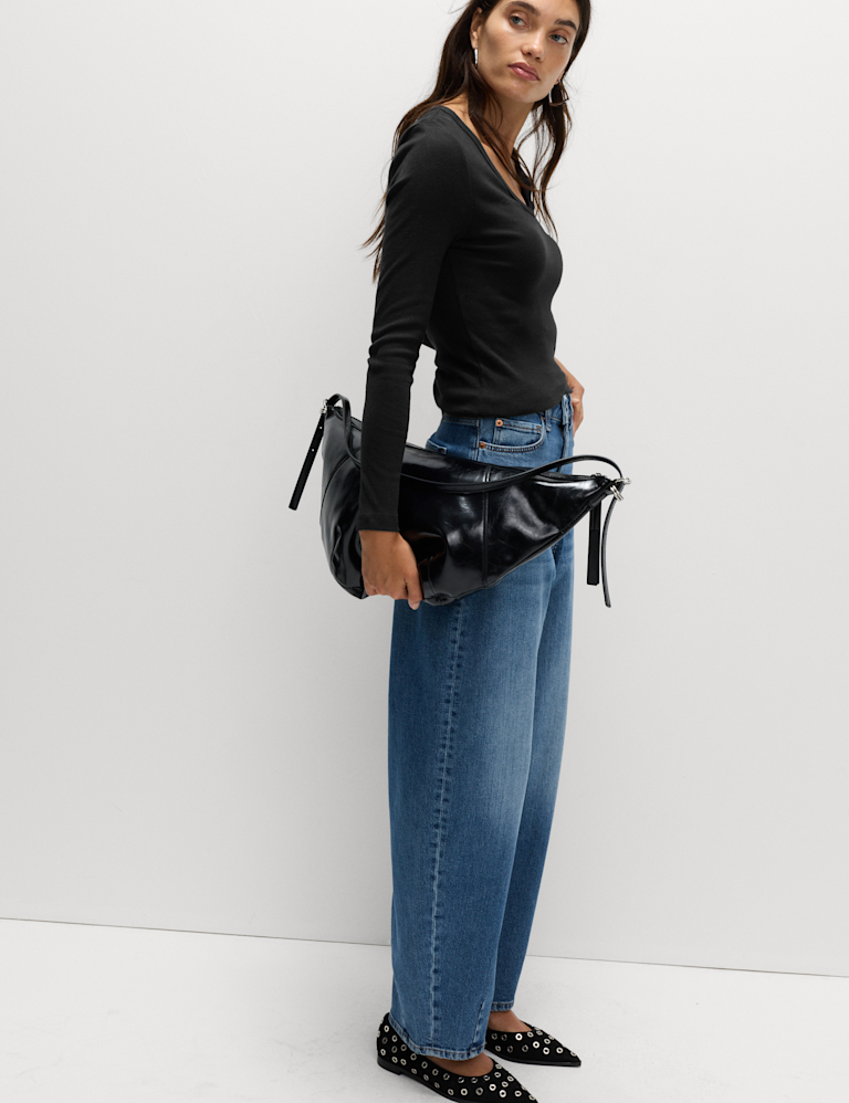 Cotton Rich Ribbed Plain V-Neck Slim Fit Top