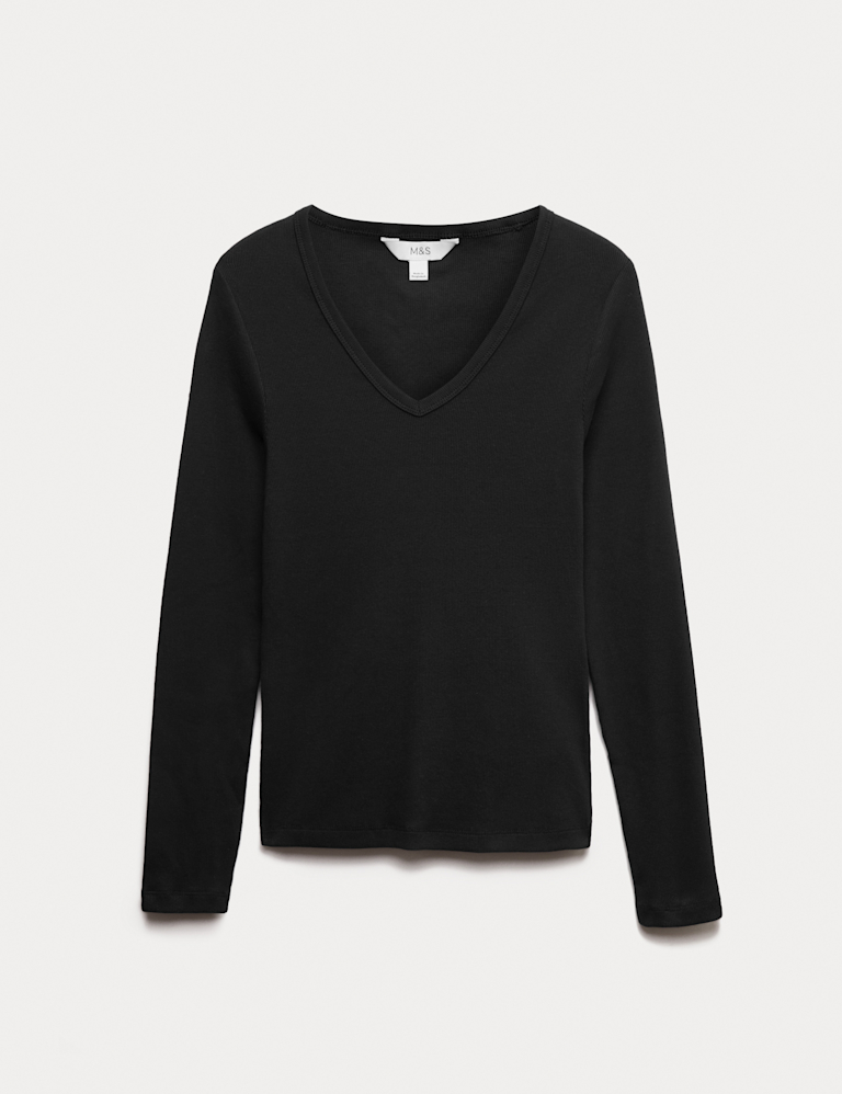 Cotton Rich Ribbed Plain V-Neck Slim Fit Top