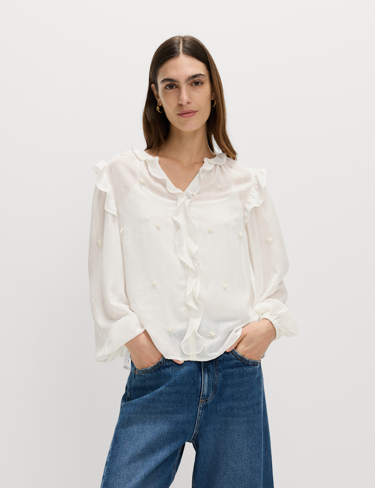 Embellished V-Neck Ruffle Long Sleeve Blouse