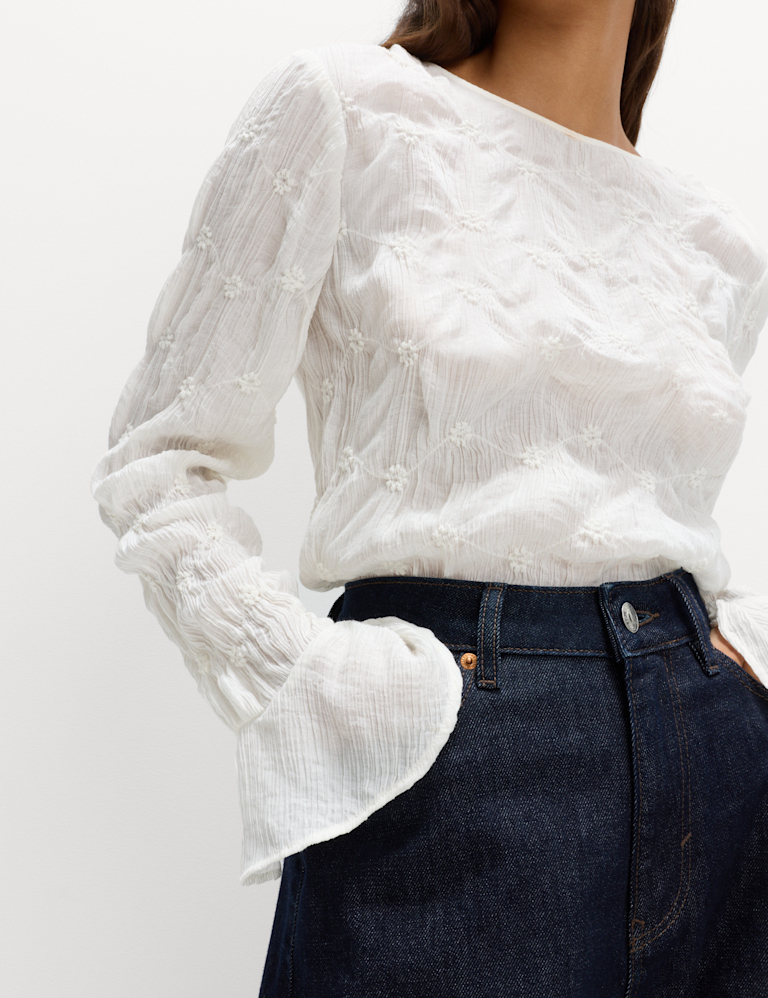 Lace Textured Crew Neck Blouse