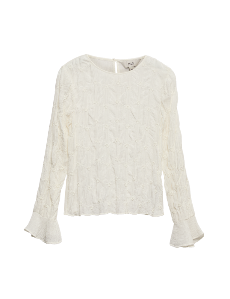 Lace Textured Crew Neck Blouse