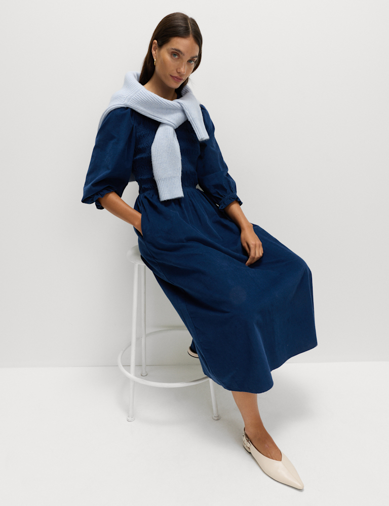 Corduroy Midi Shirred Waisted Dress